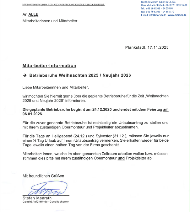 Betriebsruhe für das Weihnachtsfest
