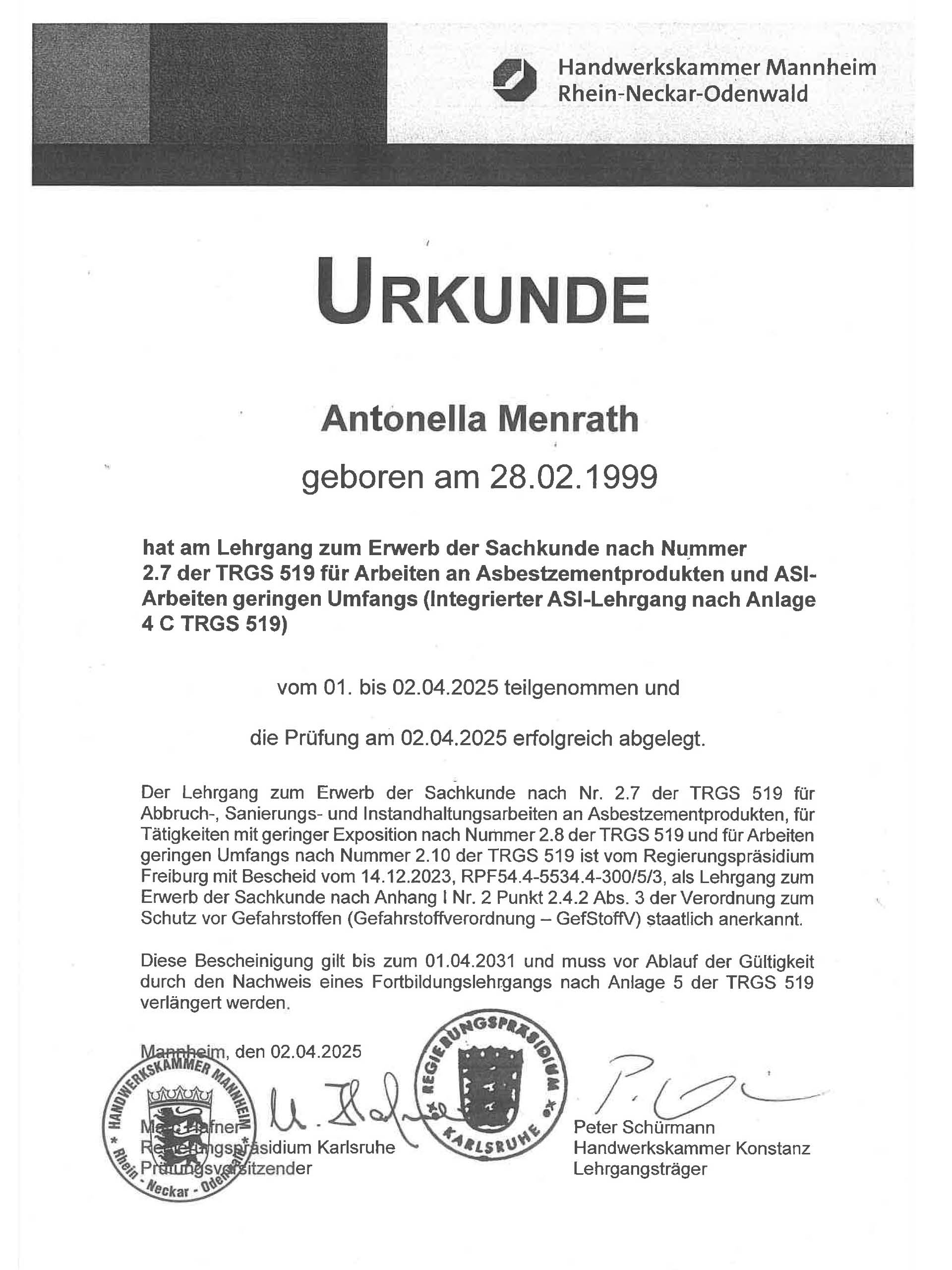 Morsch-Urkunde- Antonella Menrath - Arbeiten mit Asbest
