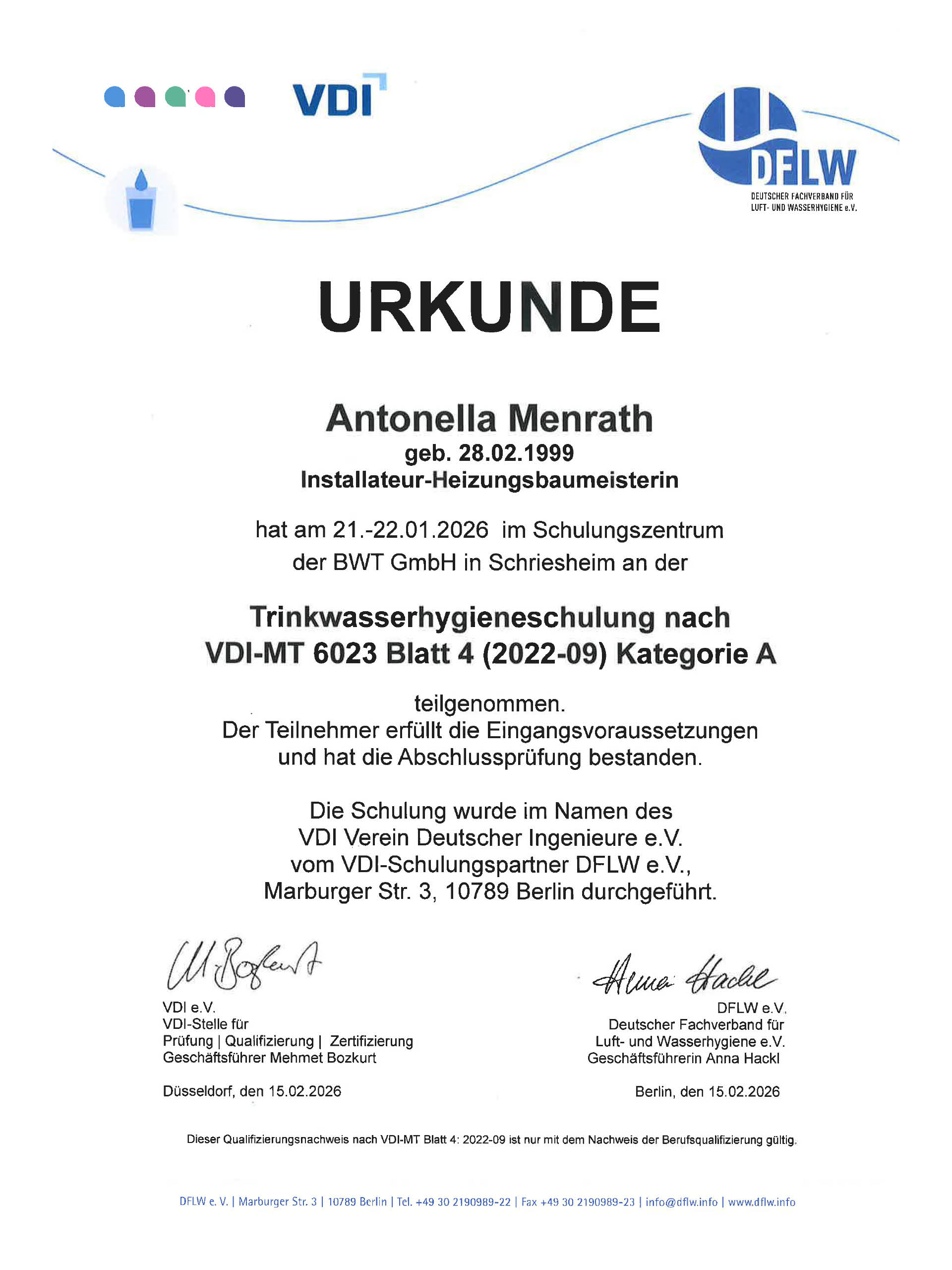 Morsch-Urkunde-Antonella-Menrath-Trinkwasserhygieneschulung